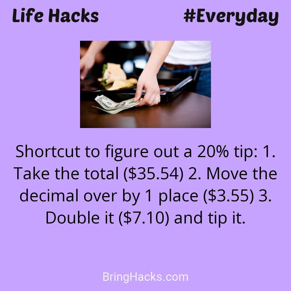 Life Hacks - Shortcut to figure out a 20% tip: 1. Take the total (35.54) 2. Move the decimal over by 1 place (3.55) 3. Double it ($7.10) and tip it.