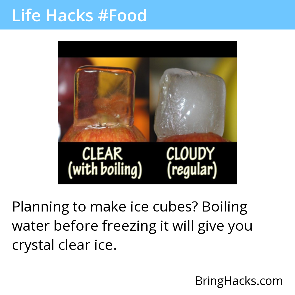 Life Hacks 25 in Food - Planning to make ice cubes? Boiling water before freezing it will give you crystal clear ice.