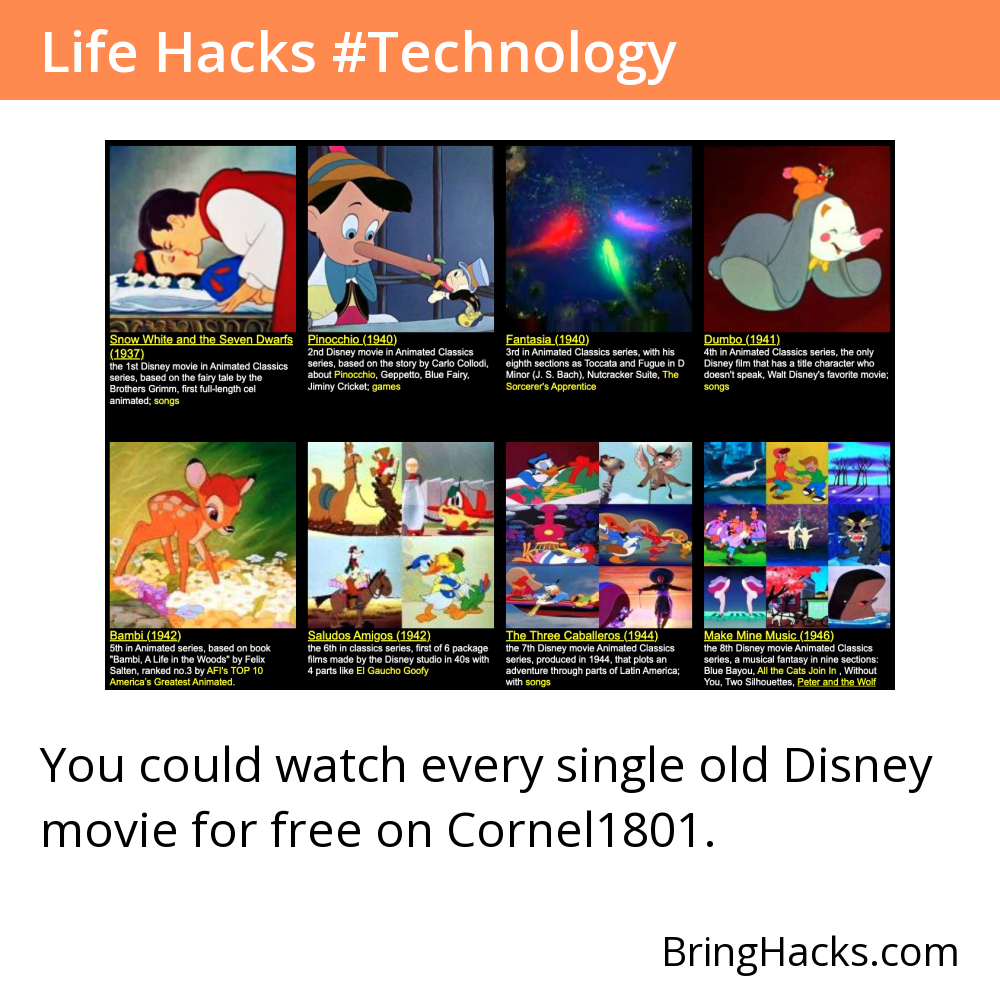 Life Hacks 46 in Technology - You could watch every single old Disney movie for free on Cornel1801.