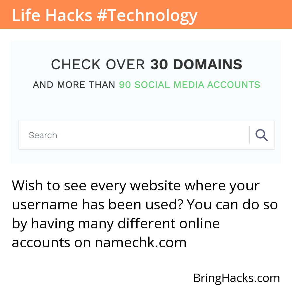 Life Hacks 9 in Technology - Wish to see every website where your username has been used? You can do so by having many different online accounts on namechk.com
